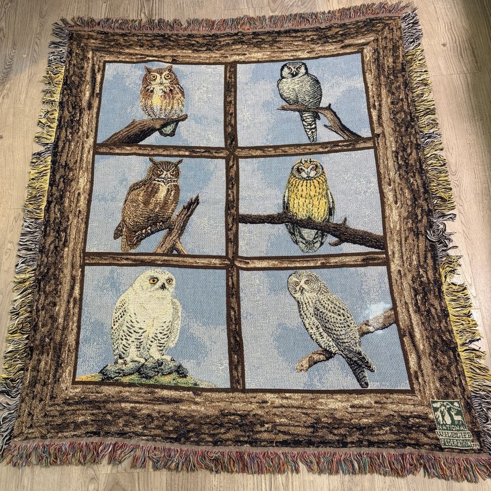 Vintage National‎ WildLife Federation 6 Panel Owls Tapestry Blanket 60x51